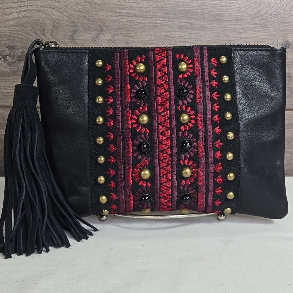 Lucky Brand Black and Red Embroidered Leather Clutch with Tassel
